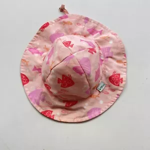 Green Sprouts Baby Girl's Sun Hat Pink Fish Print Wide Brim Adjustable Strap - Picture 1 of 8
