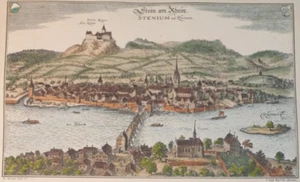 SVIZZERA Stein am Rhein Stenium ad Rhenum STAMPA acquarello veduta città Merian - Foto 1 di 18