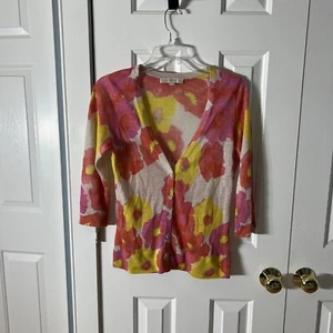 Ann Taylor Loft Petites Cardigan Sweater Woman’s Button Front Pink Yellow MP - Picture 1 of 12