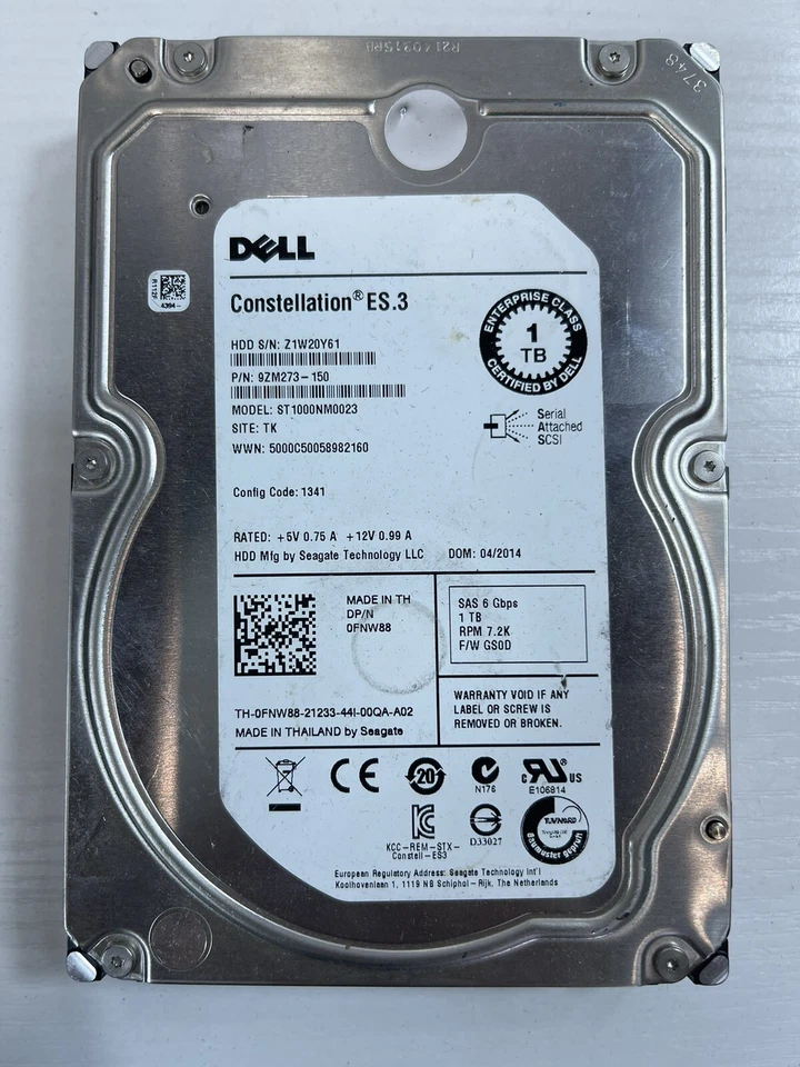 Lot of 2 Dell ST1000NM0023 Constellation ES.3 1TB 3.5" SAS HDD Seagate - Image 1 of 1