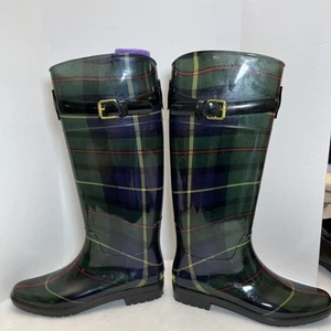 Lauren Ralph Lauren Rossalyn II Plaid Green Knee High Rubber Rain Boots Size 8B - Picture 1 of 12