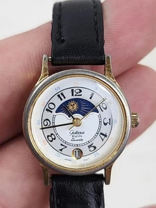 Elgin Galaxie Women's Gold Tone Sun Moon Day Night Black Leather Band - Picture 1 of 11