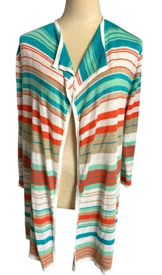 Peck & Peck Womens M Linen Blend Stripe Open Cardigan Lightweight Long Sleeves - Image 1 of 4