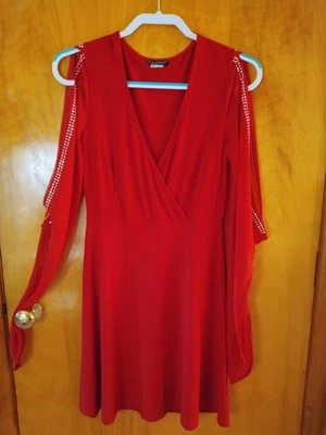 Venus Red V Neck Long Sleeve Holiday Dress Studded Open Sleeves Size Small - Image 1 of 4