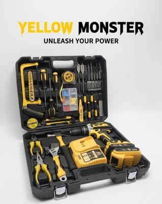 YELLOW MONSTER ⚠️ YM PRO Drill/Impact Combo Set 99 PIECE SUPER TOOL KIT W/2 Batteries & Charger