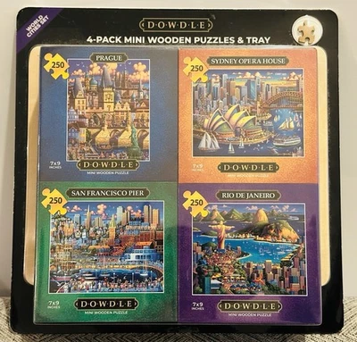 DOWDLE 4-Pack 250 Piece Mini Wooden Puzzles Tray World Cities SEALED NEW! - Image 1 of 2