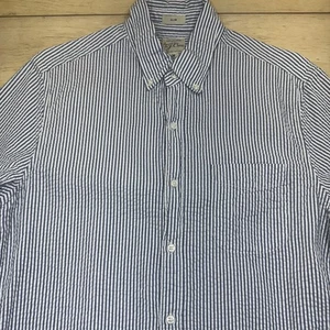 J Crew Slim Fit Shirt Seersucker Blue White Button Down Striped Mens Medium - Picture 1 of 19