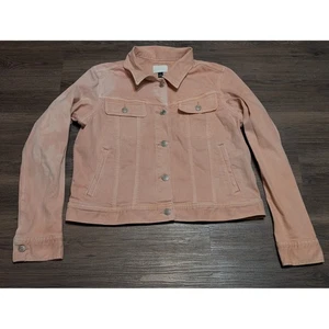 LAUREN Ralph Lauren Women's Peach Denim Jean Jacket Size L Trucker Style STAINS! - Picture 1 of 5