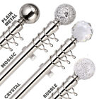 BRUSHED CHROME Extendable Metal Curtain Pole Poles 28mm Includes Finials Rings 