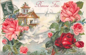 Cartolina Gaufree Goffrato Buona Fête Colombe Rose ca1909 - Imagen 1 de 2