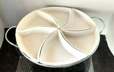 Godinger SIENA 7 Part Relish Server, 10 1/2"R White & Chrome w/Handle Dish - Image 1 of 4