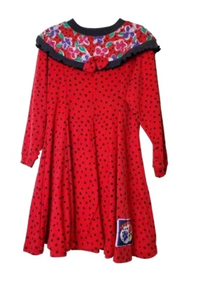 Vintage 80s Gitano Dress Girls 6 Red Polka-dot Kids 1980s Bow Ruffle Bib - Image 1 of 4