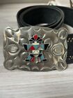 Native American Turquoise Silver Genuine Leather Buckle Tooled Belt black
