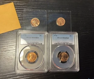 FOUR 1 Cent RED UNC 1964 & 1964-D Mint state 1971 & 1974 PCGS GRADED MS65 - Picture 1 of 9