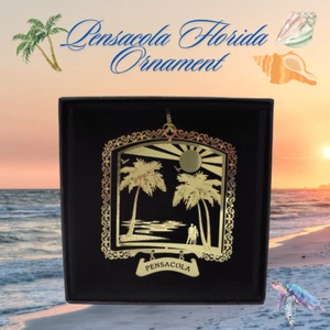Pensacola Florida Brass Ornament Beach Palm Trees Personalize with Year Charm - Picture 1 of 6