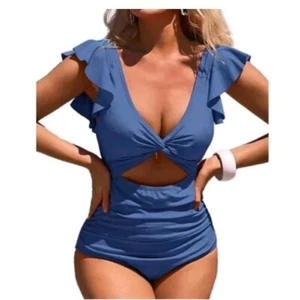 Charmo Womens Ruffle One Piece Swimsuit Ruched Tummy Control High Cut Backless V - Picture 1 of 2
