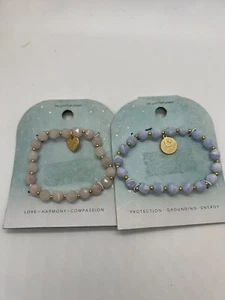 2X 14k Gold Flash Plated "Love & Protect" Genuine Stone Stretch Bracelet - NEW - Picture 1 of 2