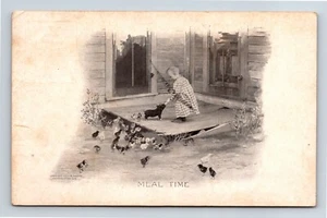 1906 Toddler Girl Feeding Baby Piglet And Chicks Divided Postcard Frankfort IN - Picture 1 of 2