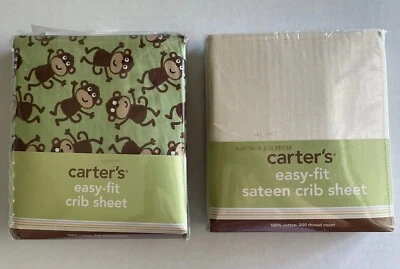 2 NEW CARTER’S EASY FIT CRIB SHEETS GREEN MONKEY SATEEN ECRU B4 - Image 1 of 2