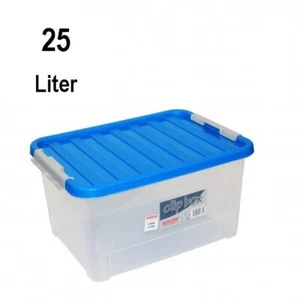 6x HEIDRUN Clipbox mit Deckel+Verschlüssen, 25 L, 44x32x23cm- transp/blau Deckel - Bild 1 von 1