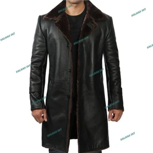 Mens Long Sheepskin Shearling Coat Genuine Leather Fur Long Black Trench Coat - Picture 1 of 9