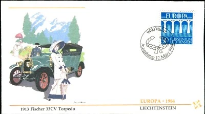 SWISS CAR MAKING HISTORY 1913 FISCHER 33CV TORPEDO DAY COVER EUROPA CEPT LICHTEN - Image 1 of 3