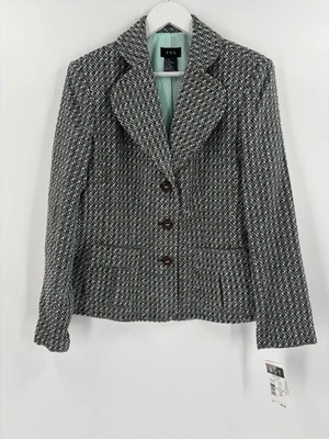 NUEVO CON ETIQUETAS R.Q.T. Blazer vintage para mujer 14 azul marrón tweed pecho único acrílico lana Foto 1 de 4