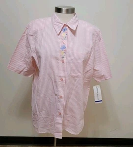 Alfred Dunner Striped Embroidered Top Collared Size 16 New Pink White - Picture 1 of 10