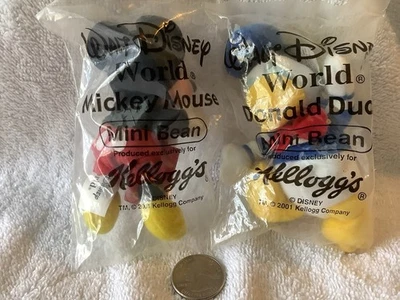 Peluche Mini Bean Mickey Mouse + Pato Donald 2001 Walt Disney World Kellogg’s Toys Foto 1 de 4