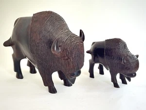 Vintage Large Hand-carved Ironwood American Buffalo Bison Figurine Pair - Picture 1 of 11