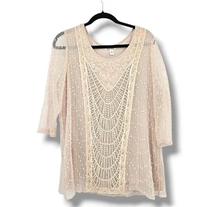Krazy Kat Lace Crochet Tunic Top Bohemian Blouse Cover Up Beige Size L - Picture 1 of 11