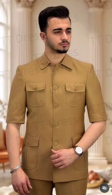 Chaquetas informales de safari mangas cortas calce ajustado 2 piezas esmoquin de graduación ropa de verano Foto 1 de 4