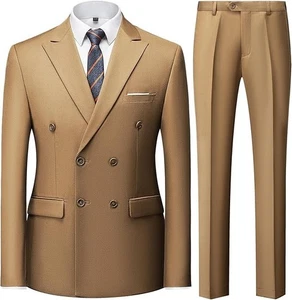 Kudoro Men's Suit Slim Fit 2 Piece Khaki 2XL 46R 40W Peak Lapel 6 Button - Picture 1 of 6