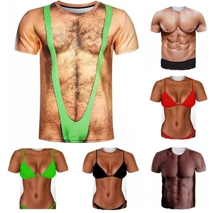 Short Sleeve Men TShirts With Funny 3D Fake Chest Print Casual Gym Wear - Picture 1 of 20