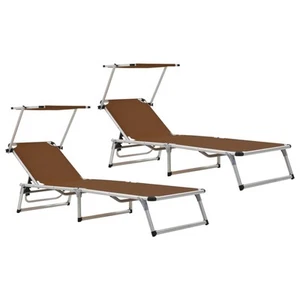 2x Folding Sun Loungers with Roof Aluminium&Textilene Brown Bed vidaXL - Picture 1 of 11