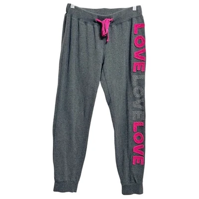 Reflex Gray Jogger Sweatpants Love Rhinestone Pink Drawstring Womens Medium - Image 1 of 4