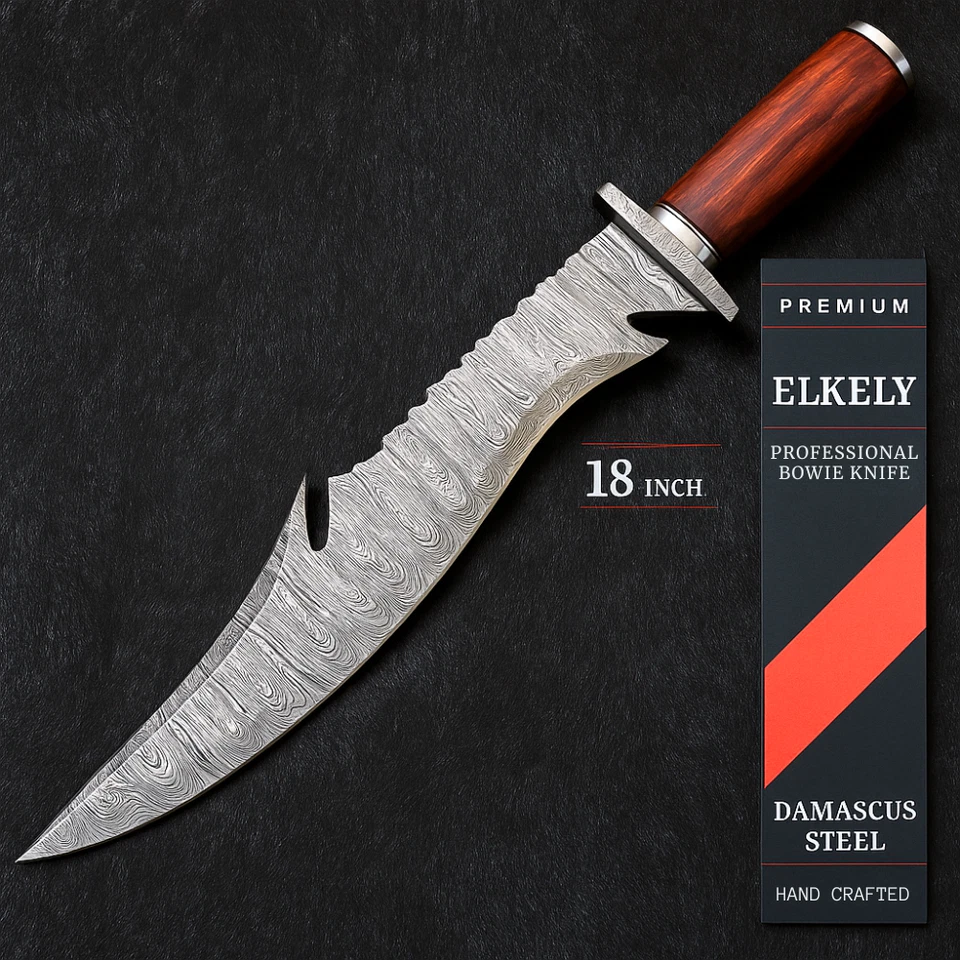 New ListingDamascus Fixed Blade Hunting Bowie Knife Rosewood Handle (13'' Inches Blade)