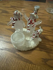 Votive Holder 5 3/4” Acrylic Snowman Trio Standing Around Fire - Picture 1 of 5