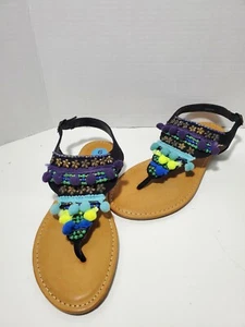 New Thong T-Strap Open Toe Pom Pom Beaded Embellished Flat Sandals Sz 6 Bamboo - Picture 1 of 6