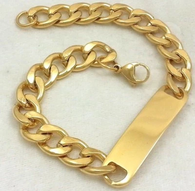 Real 14k Gold Clad Stainless Steel Cuban Curb Link Chain ID Bracelet 10mm 8" Foto 1 de 4