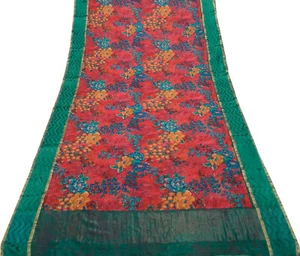 Sushila Vintage roter Sari 100 % reine Georgette Seide bedruckt Blumen Handarbeit Stoff - Bild 1 von 9