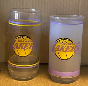 2x Vintage 1980' s Los Angles Lakers Glasses, One clear, one Frosted Glass - Picture 1 of 2