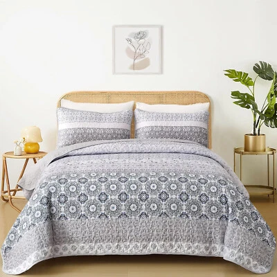 WONGS 波西米亚女王灰色蓝色条纹拼布被子套装超细纤维波西米亚 — 第 1/4 张图片