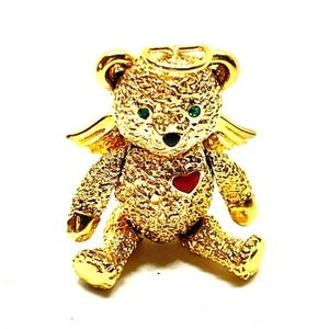 BATYA Articulated Teddy Bear Angel Wings Red Heart Gold Tone Love Pin Pendant - Picture 1 of 7