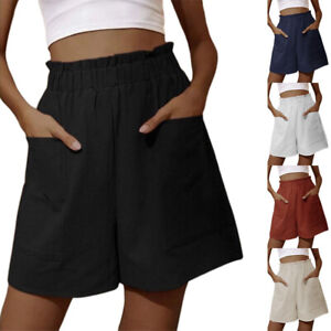 Womens Baggy Elasitc Waist Cotton Linen Shorts Ladies Solid Wide Leg Solid Pants