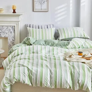 WARMDERN White and Green Boho Duvet Cover Queen Size, Striped Tufted Duvet Cover - Picture 1 of 6