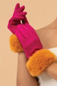 Powder Bettina Faux Fur Womens Gloves (Megenta/Mustard) Gift Bag RRP £27 50% OFF - Picture 1 of 3