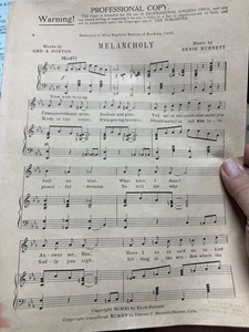 1912 9x12 Advance Artist Ragtime Song 'Melancholy' partituras - Imagen 1 de 1