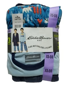 Eddie Bauer Boys XS-5/6 Christmas Pajamas Set W/ Robe 3-Piece Reindeer Navy Blue - Picture 1 of 2