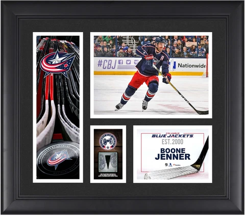 B.Jenner Blue Jackets Framed 15x17 Collage w/Piece of GU Puck Cover